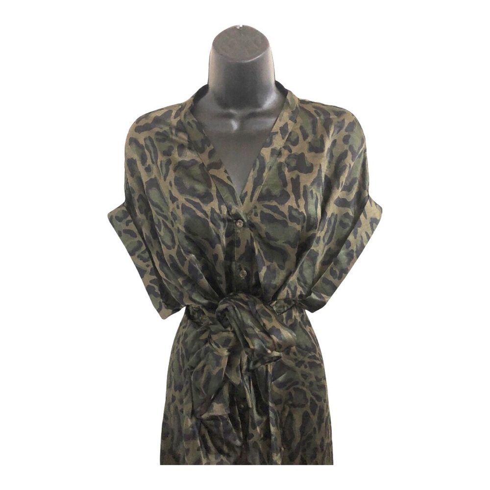 Steve Madden TORI Tony camo green satin look belted button front shirtdress szL - Picture 5 of 17